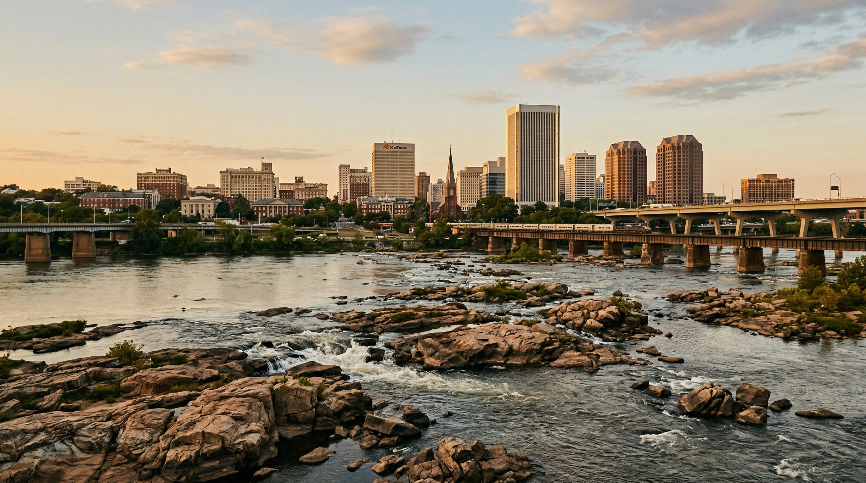 Richmond Virginia James River skyline at golden hour